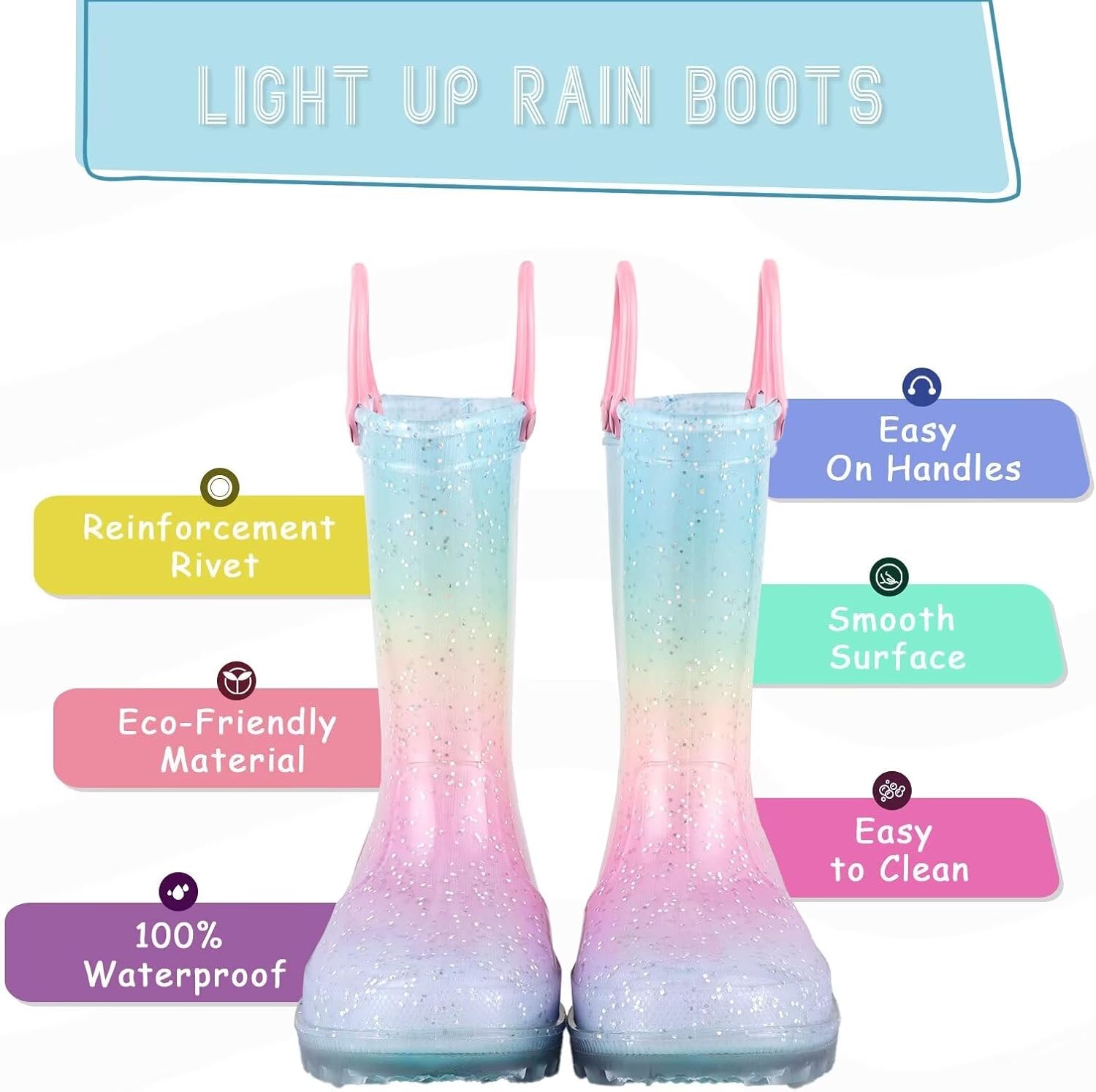 Waterproof Rainbow Glitter Toddler Boots with Easy On Handles