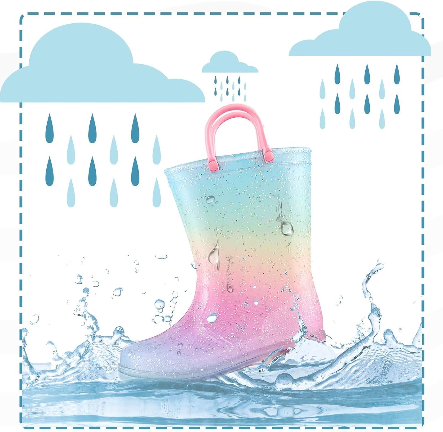 Waterproof Rainbow Glitter Toddler Boots with Easy On Handles