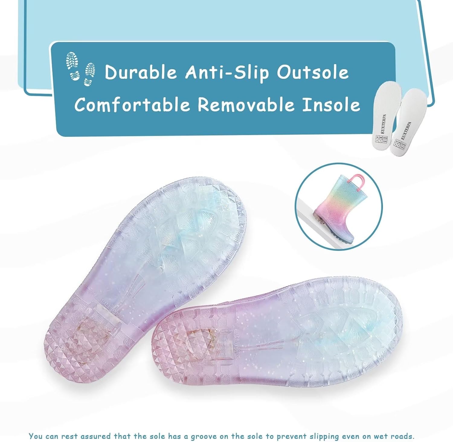 Waterproof Rainbow Glitter Toddler Boots with Easy On Handles