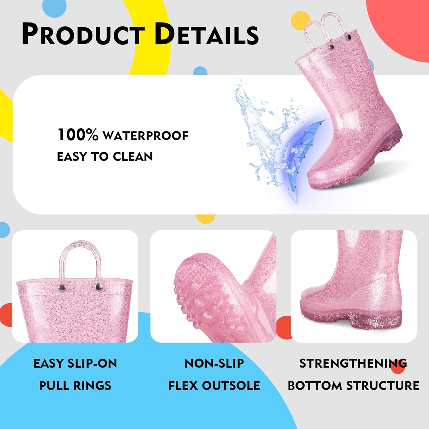 GAWBAW Toddler Rain Boots Light-Up Heels Waterproof Easy On