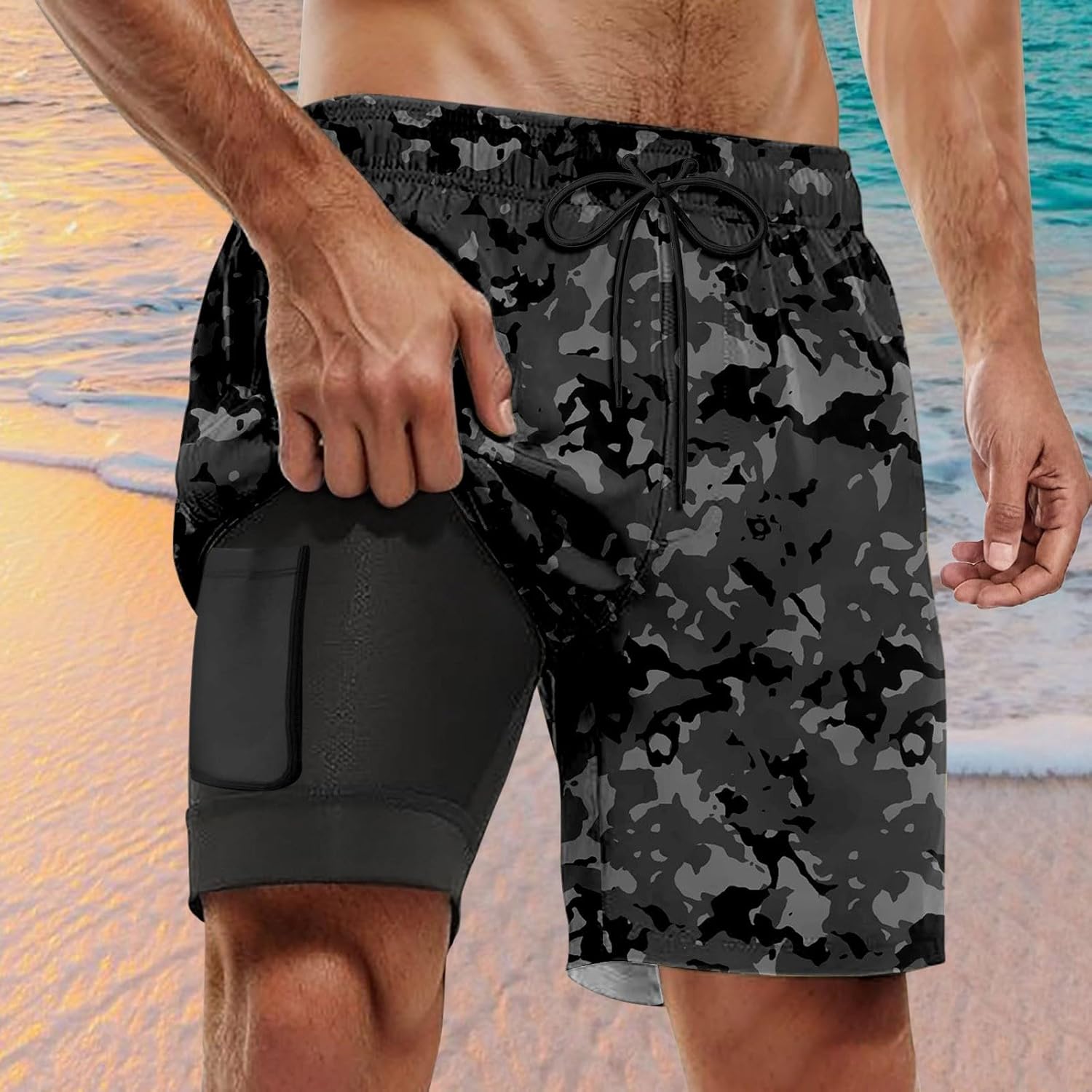 Mens Compression Swim Trunks with Pocket Camouflage Print for Summer