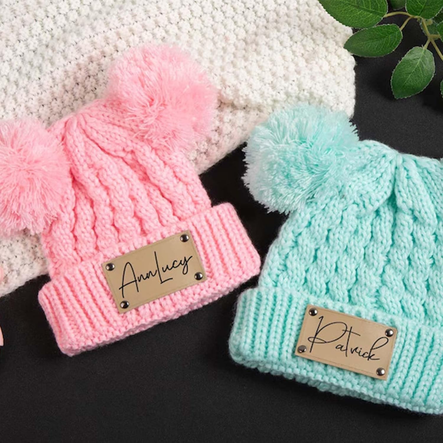 Personalized Engraved Baby Twist Beanie with Pom