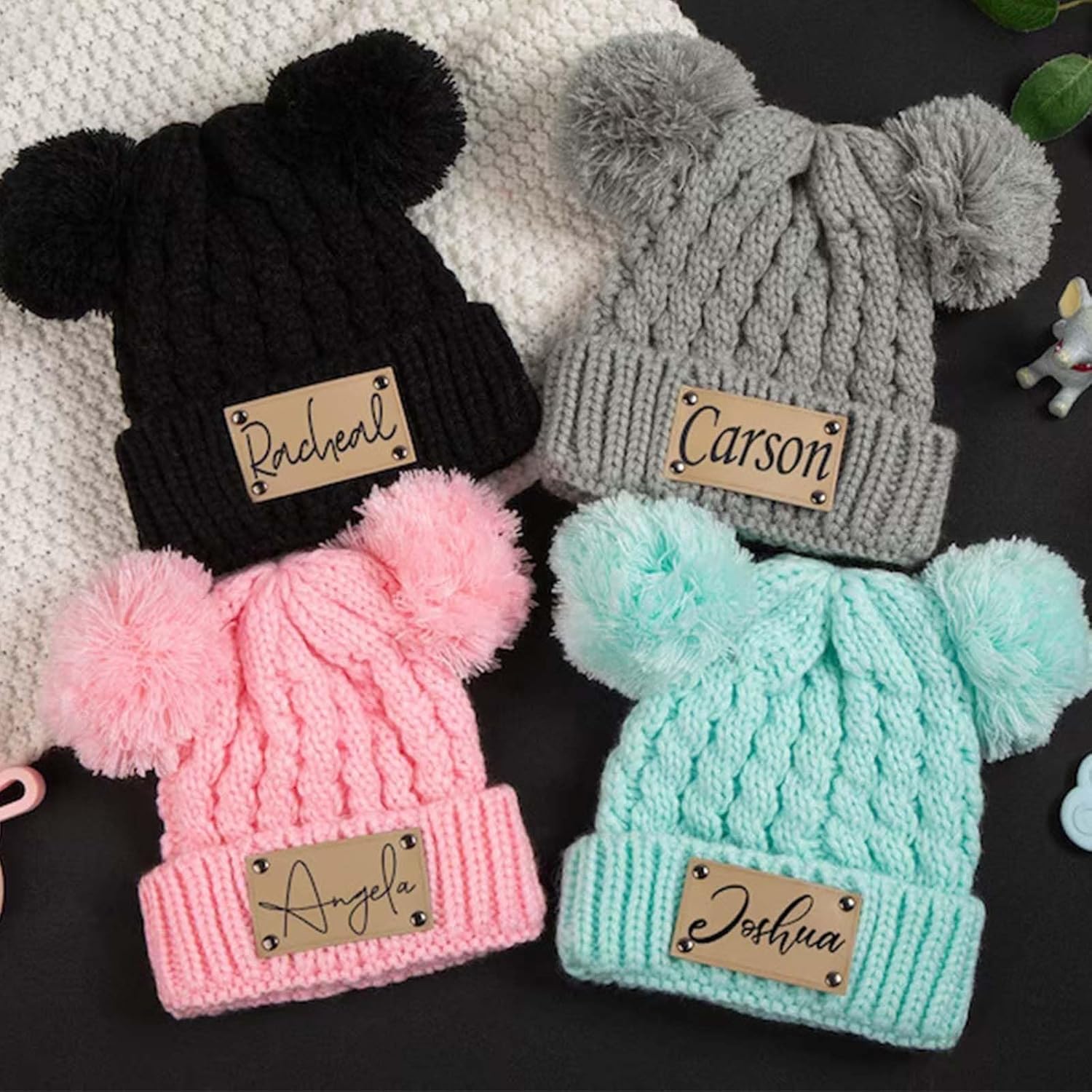 Personalized Engraved Baby Twist Beanie with Pom