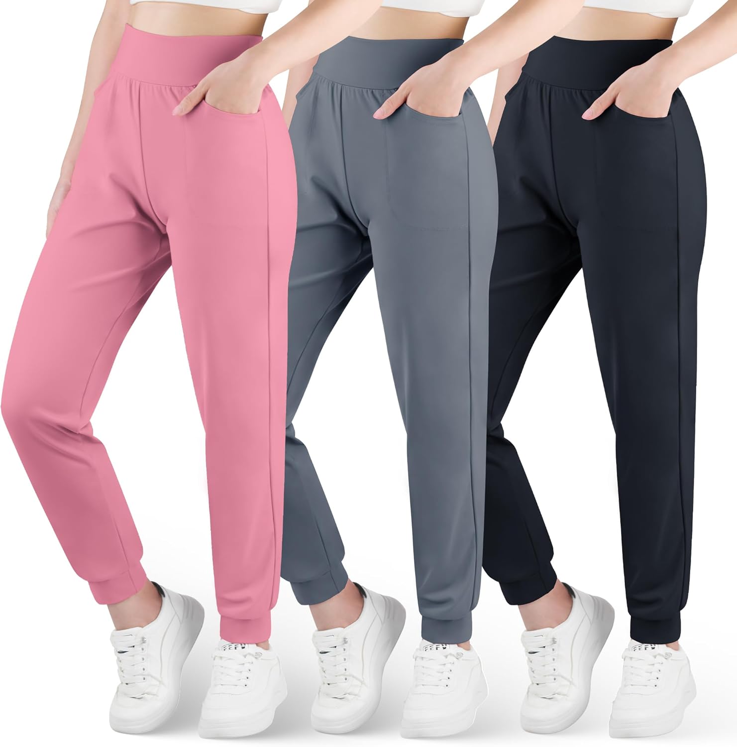 Big Elephant Girls High-Waisted Joggers with Pockets 3-Pack