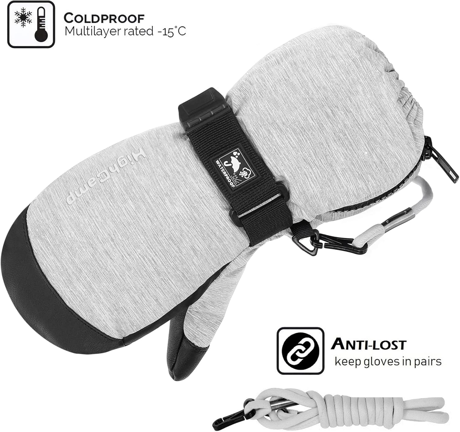 HIGHCAMP Kids Ski Mittens Waterproof Winter Gloves with Zipper and Adjustable Strap
