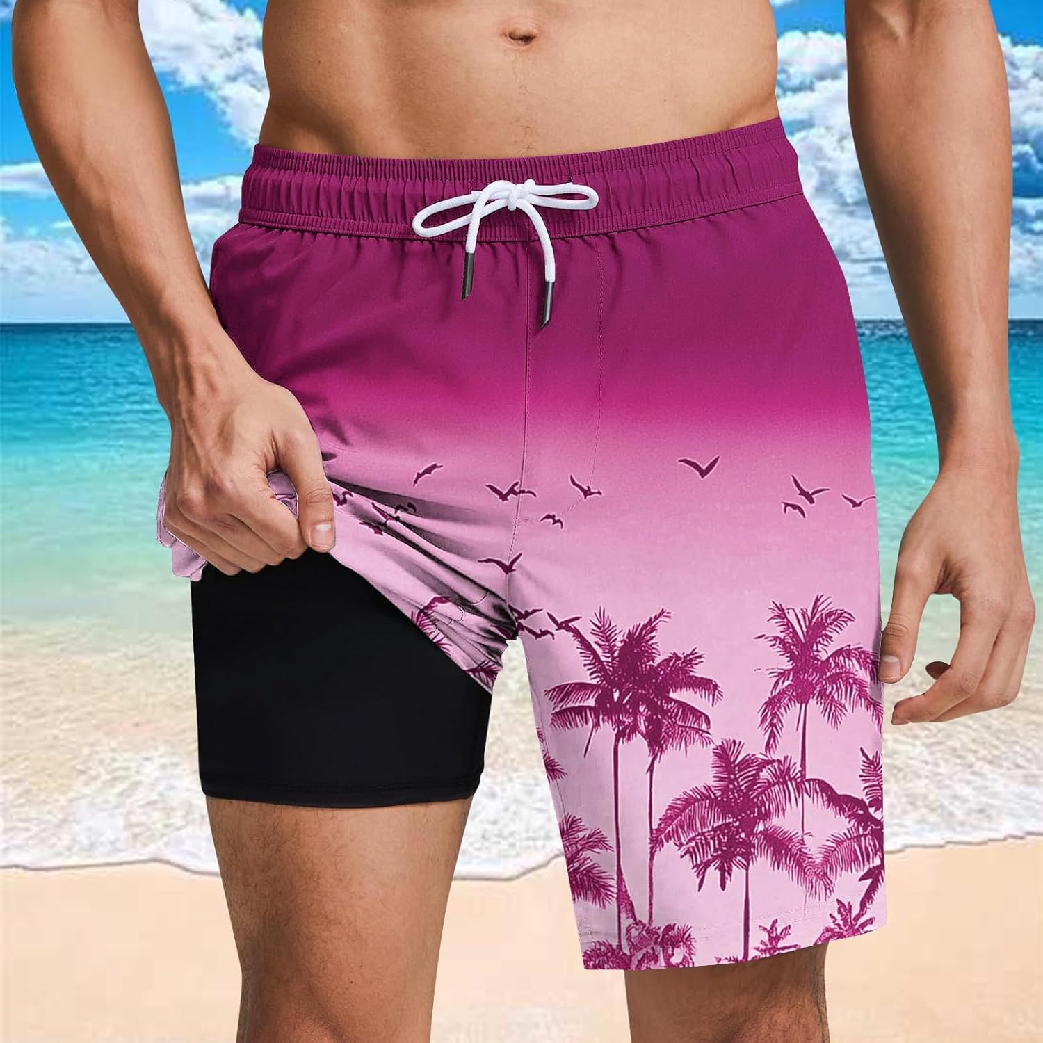 Mens Hawaiian Print Board Shorts