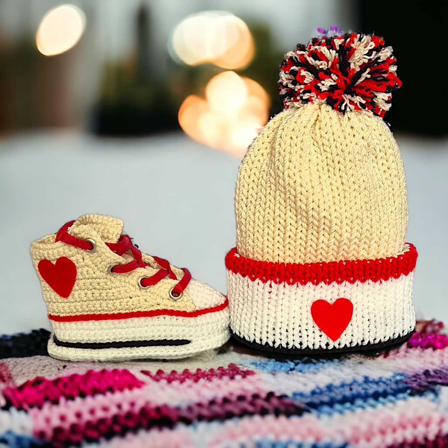 Handmade Off-White Baby Booties Set with Heart Design