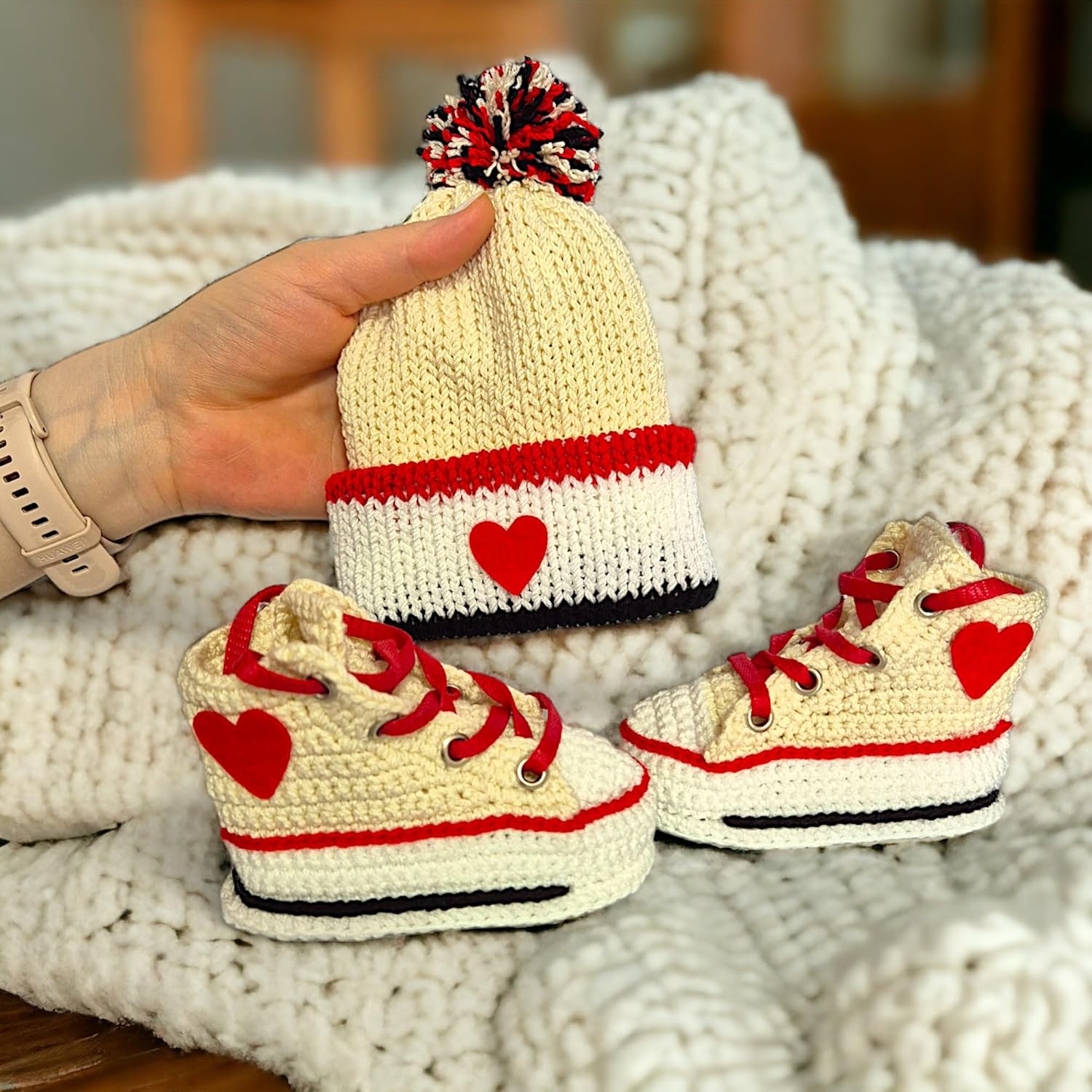Handmade Off-White Baby Booties Set with Heart Design
