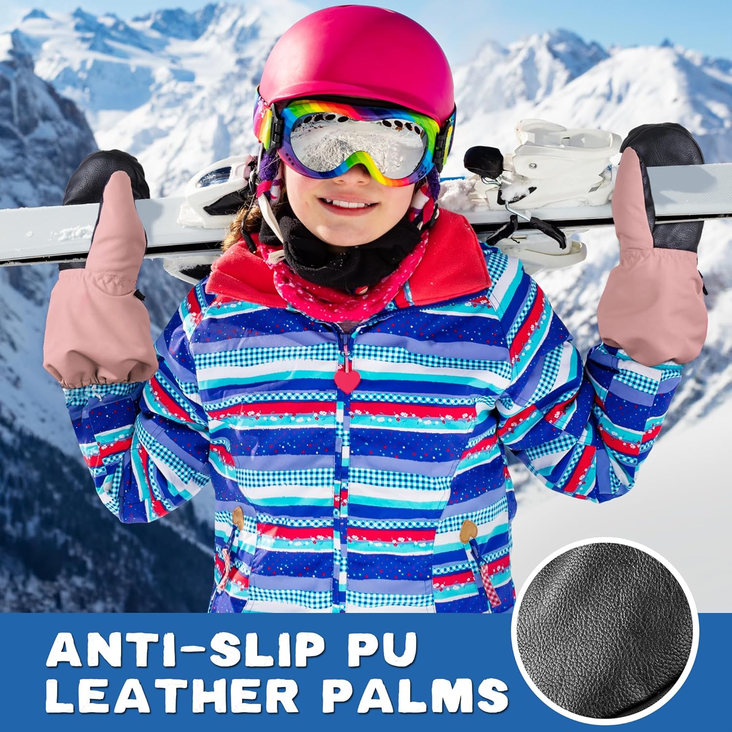 MCTi Kids Ski Gloves Waterproof Sherpa-Lined Long Cuff Mitten