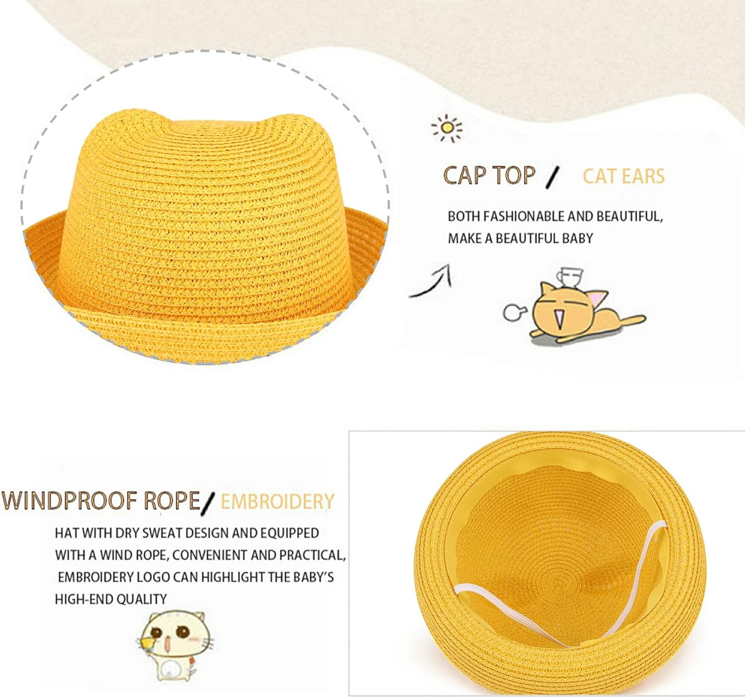 QTKJ Kids Anti-UV Straw Sun Hat with Cutesy Cat-Ear Design