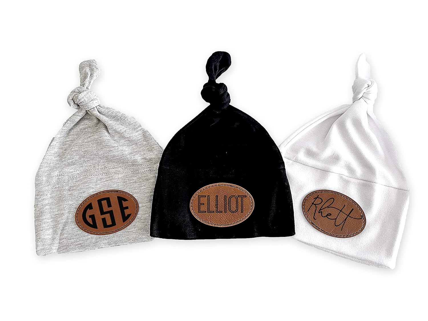 Warm Trendy Knotted Baby Beanie Hat for Boys Personalized with Leather Names