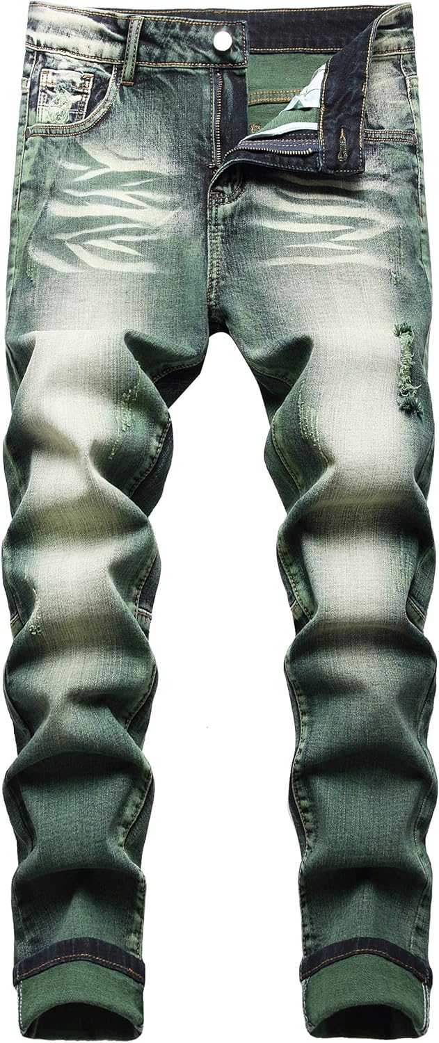 Mens Ripped Distressed Destroyed Straight Fit Washed Denim Jeans