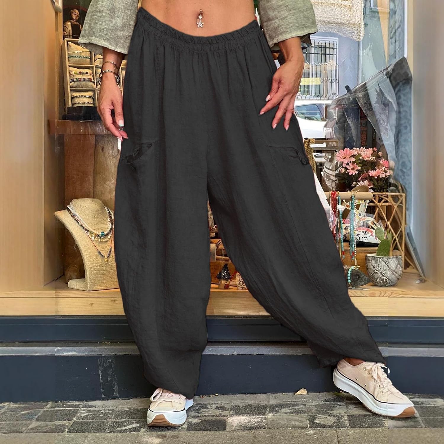 FZVYD Women Cotton Linen Tapered Leg Sweatpants