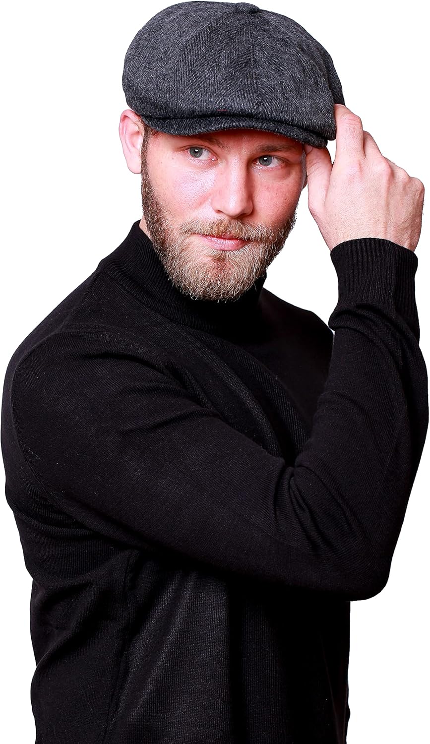 HATSQUARE Herringbone wool mens newsboy cap
