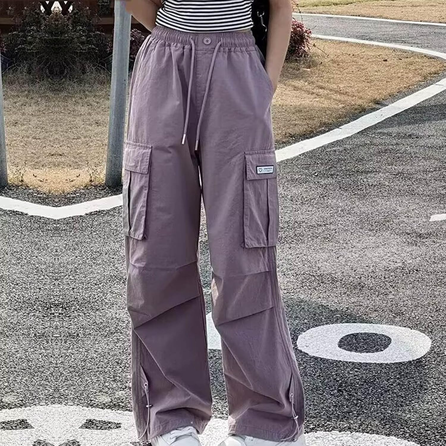Girls Wide Leg Cargo Pants Drawstring High Waisted Parachute Pants