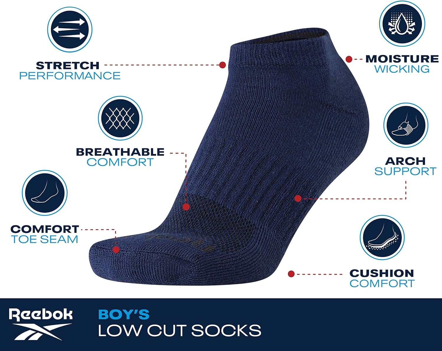 Reebok Boys Ankle Socks - Arch Support Moisture Wicking