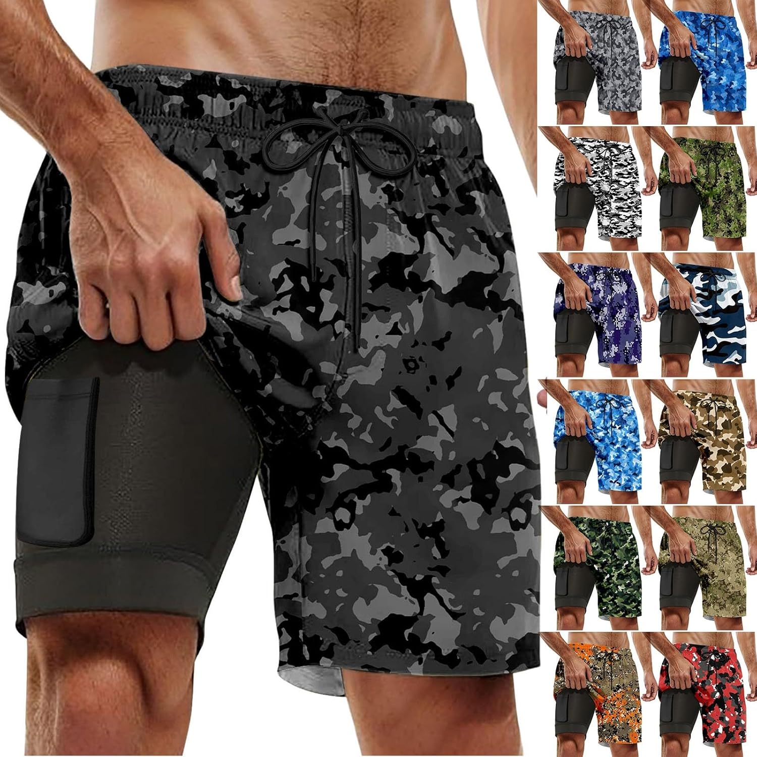 Mens Compression Swim Trunks with Pocket Camouflage Print for Summer