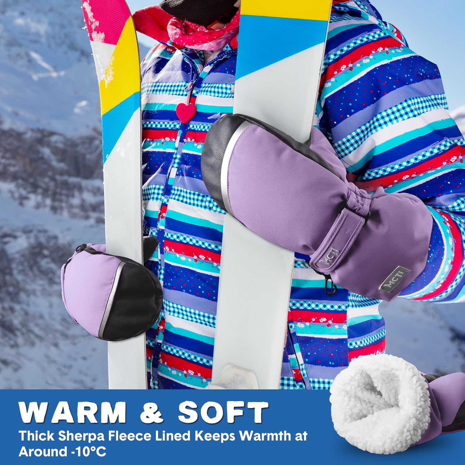 MCTi Kids Waterproof Ski Mitten - Sherpa Lined with String