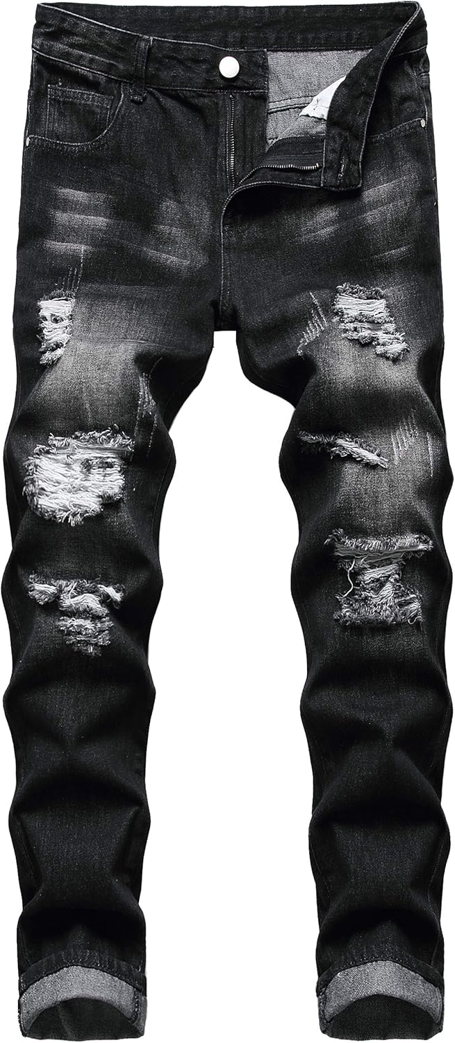 QIMYUM Mens Ripped Jeans Slim Fit Straight Leg Denim Pants