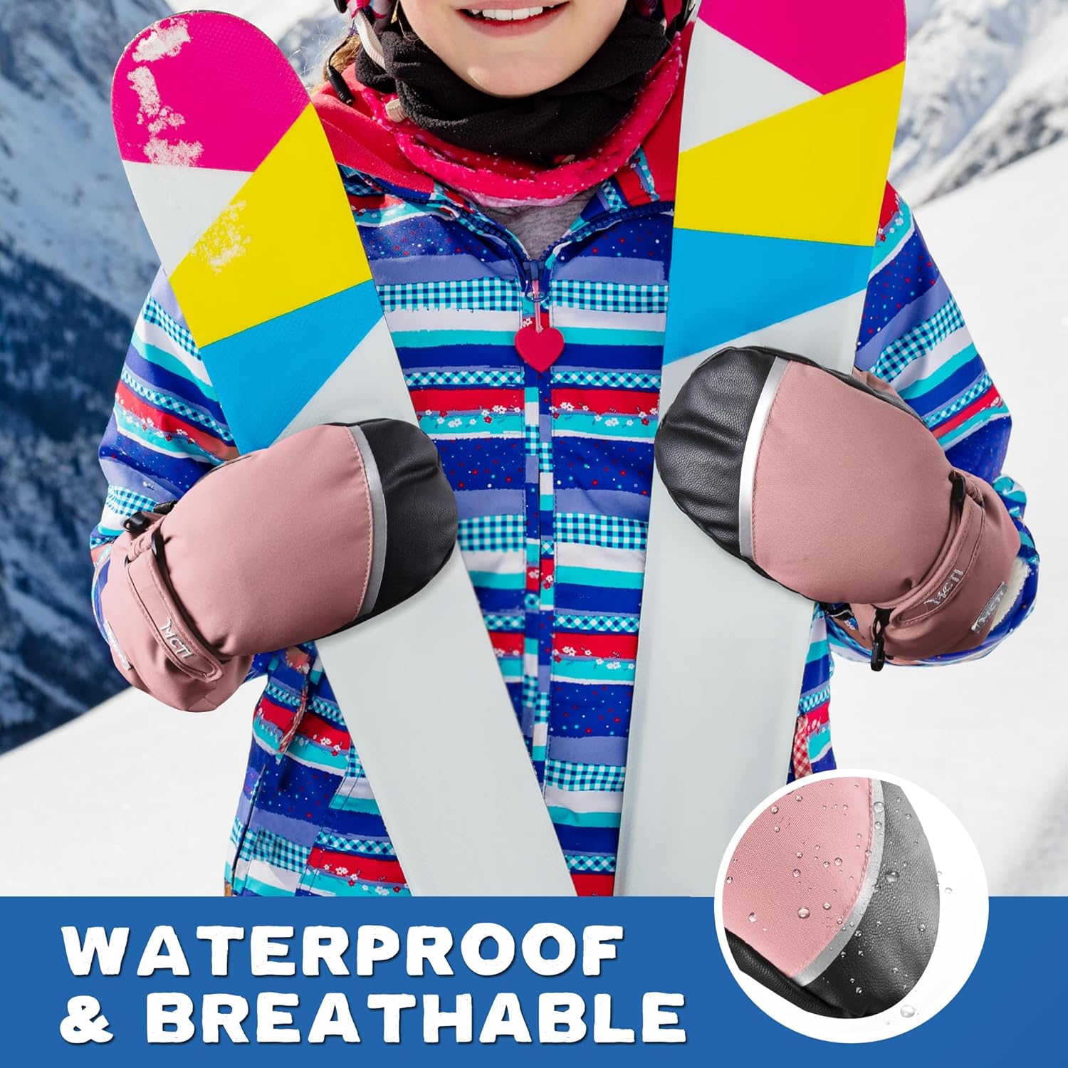 MCTi Kids Ski Gloves Waterproof Sherpa-Lined Long Cuff Mitten