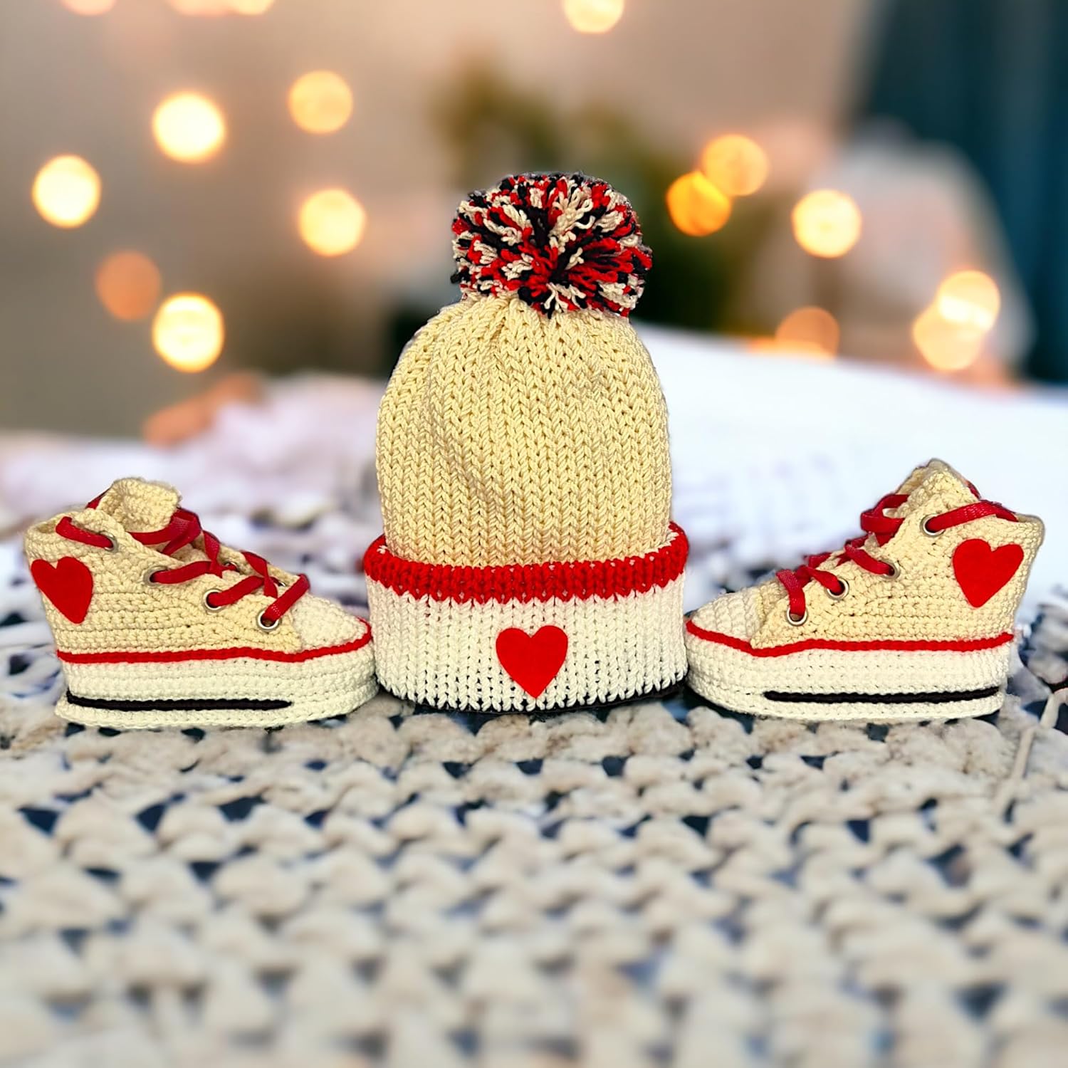 Handmade Off-White Baby Booties Set with Heart Design