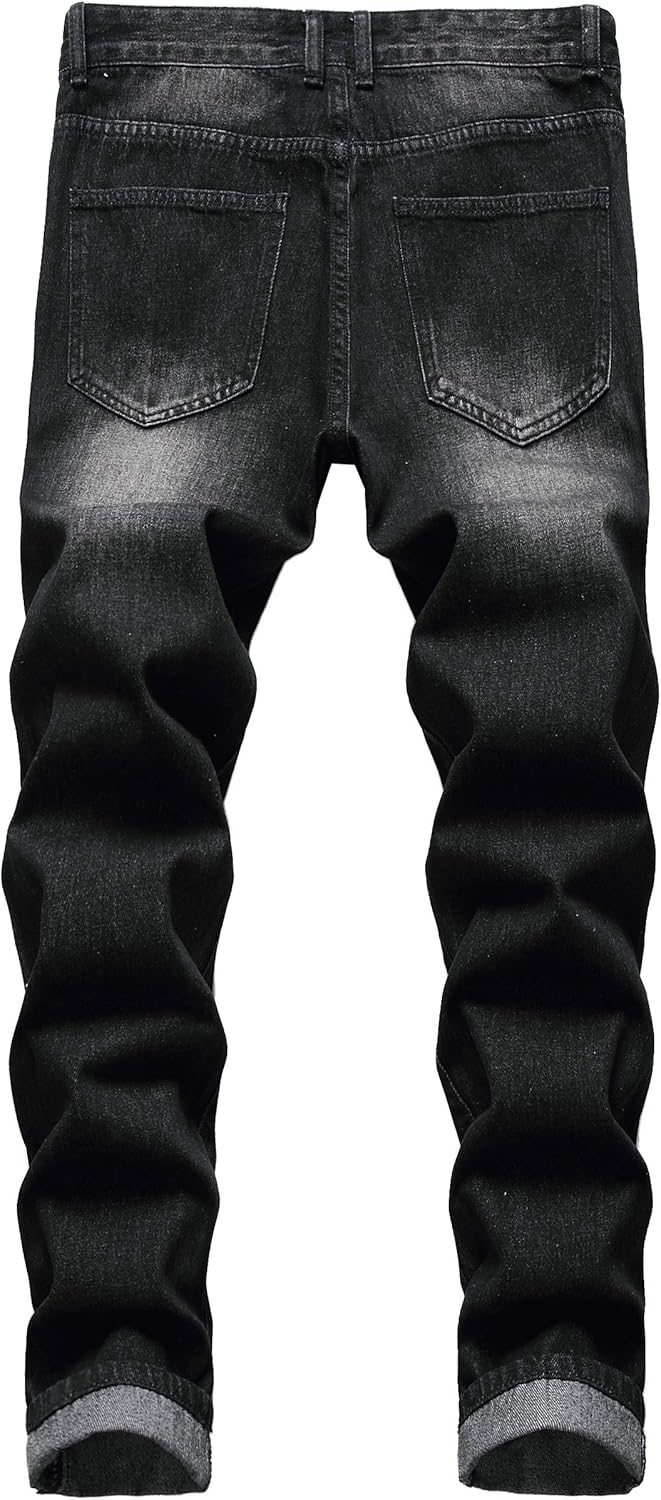 QIMYUM Mens Ripped Jeans Slim Fit Straight Leg Denim Pants