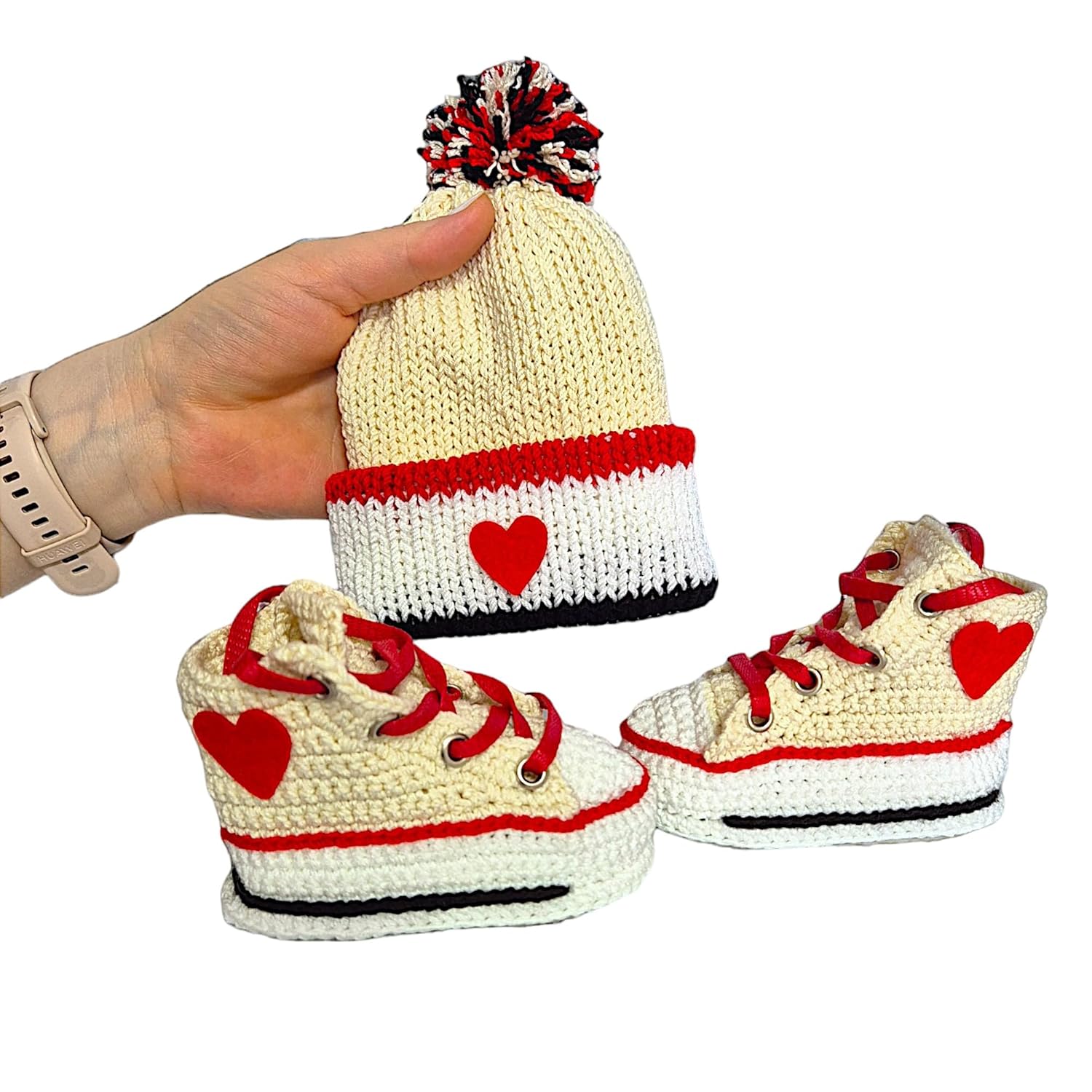 Handmade Off-White Baby Booties Set with Heart Design