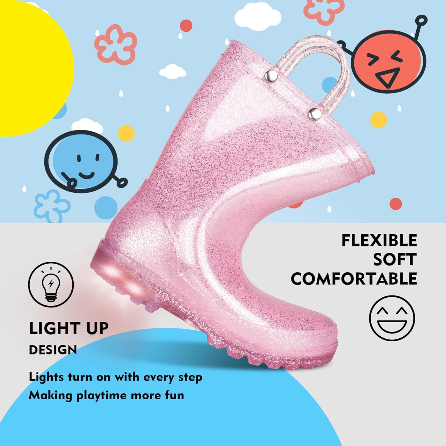 GAWBAW Toddler Rain Boots Light-Up Heels Waterproof Easy On