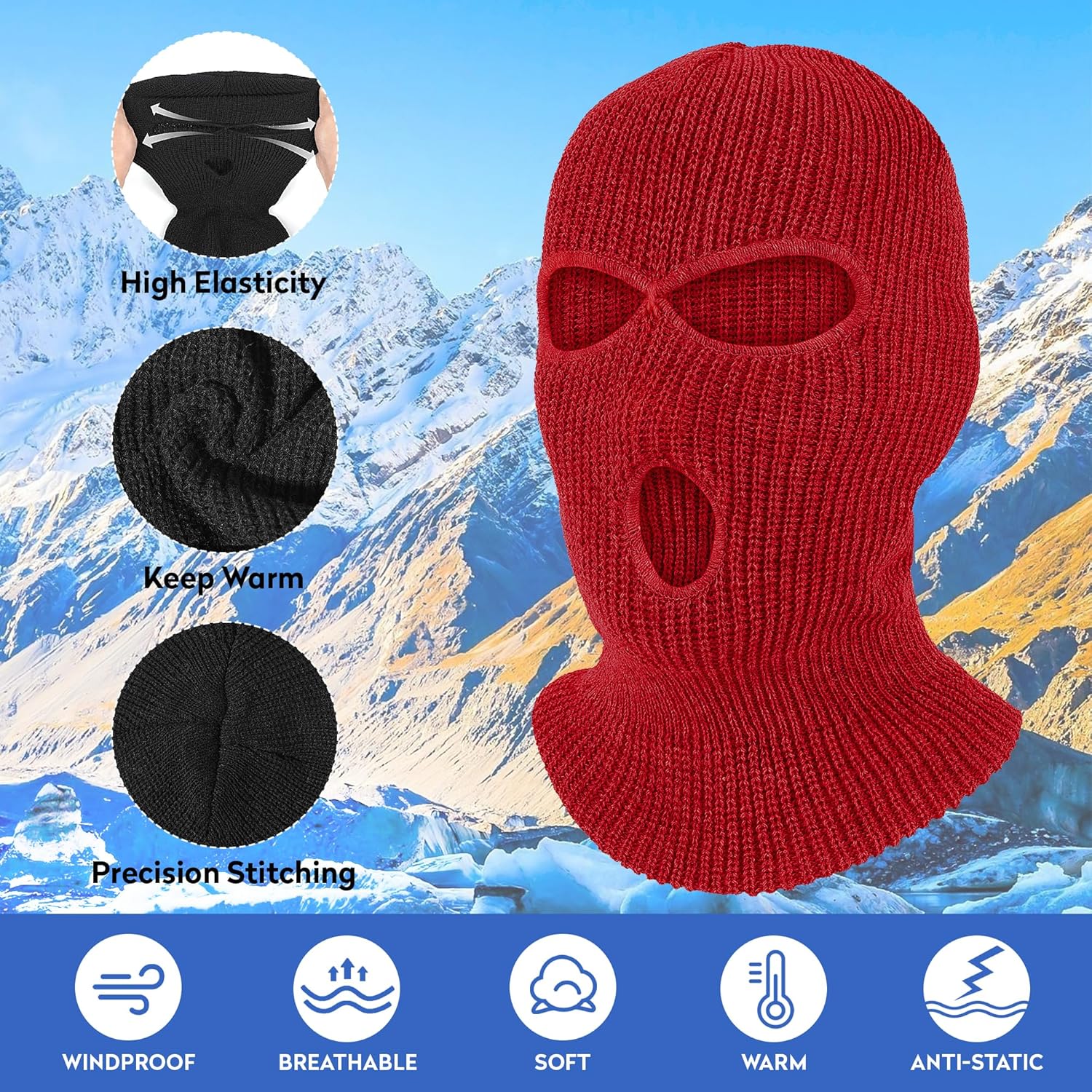 Warm 3-Hole Knitted Mask for Skiing and More