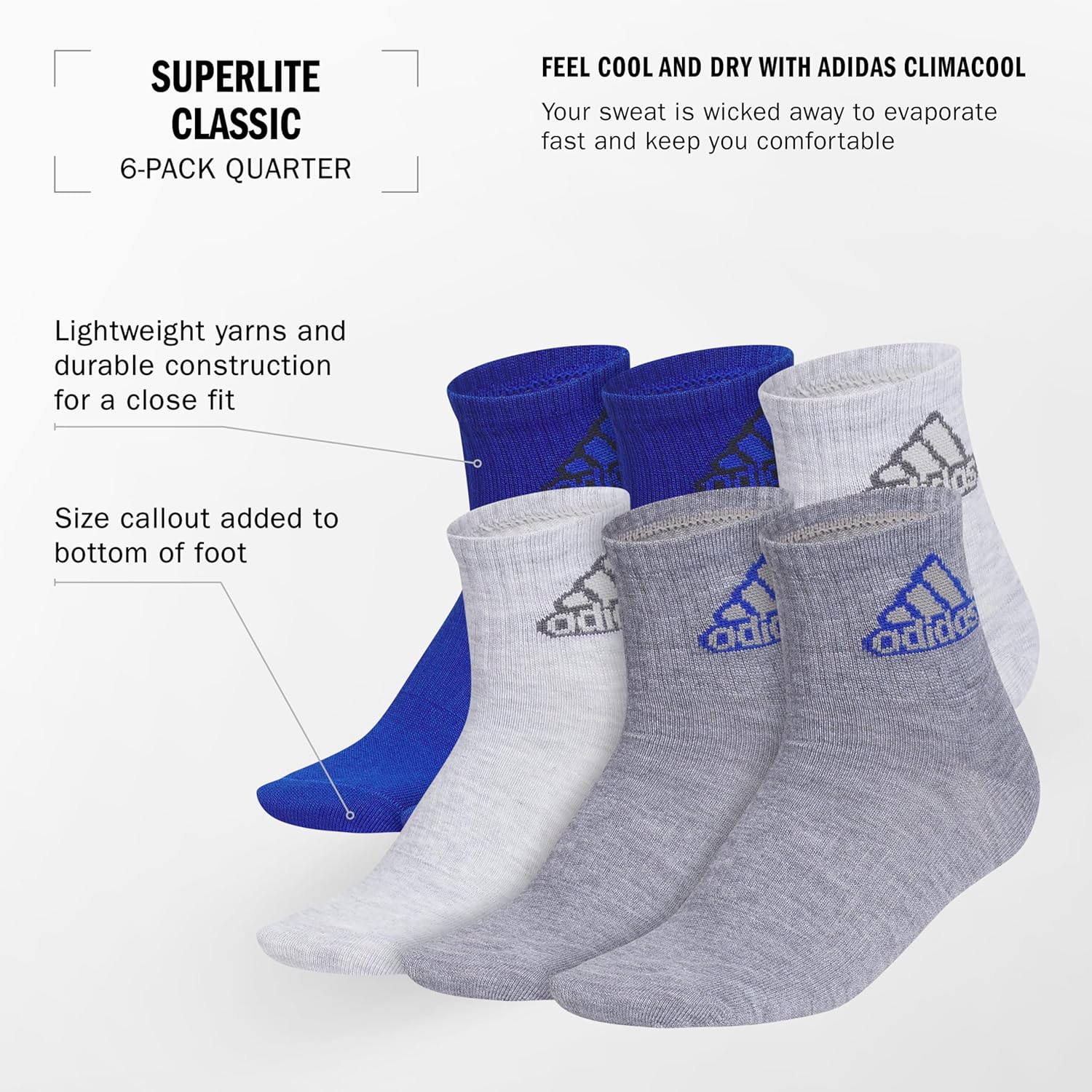 Adidas Superlite Classic Quarter Socks for Kids Lightweight Breathable Running Socks