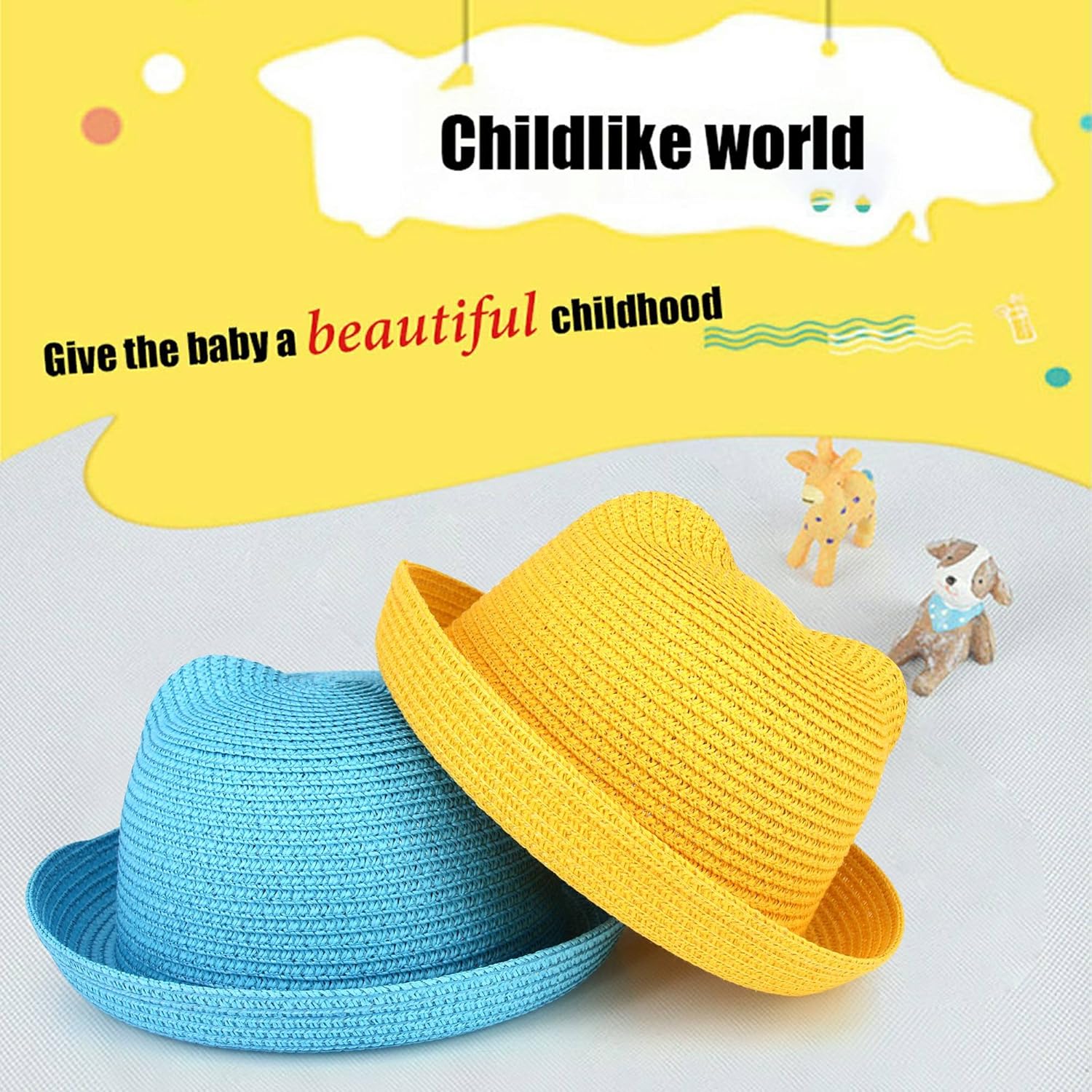 QTKJ Kids Anti-UV Straw Sun Hat with Cutesy Cat-Ear Design