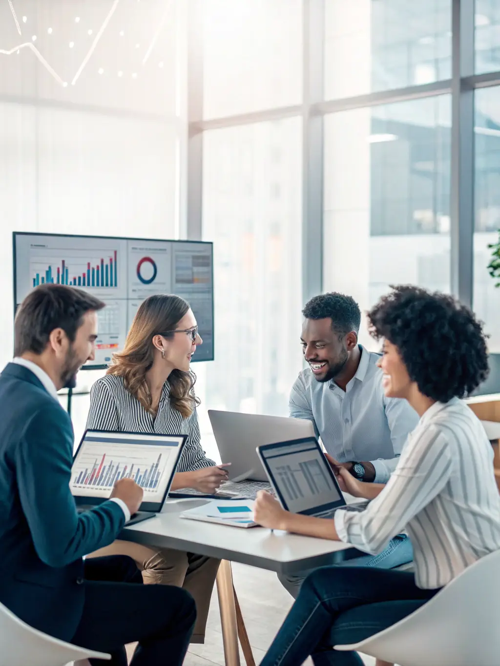 A diverse team of consultants collaborating around a large interactive display, analyzing data and discussing insights related to cloud infrastructure and security in a brightly lit, modern office.