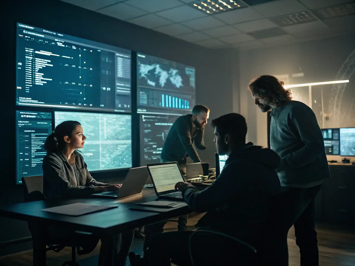 An image depicting a diverse team of technology consultants collaborating around a table, reviewing data analytics and strategic plans, with modern office technology in the background, symbolizing innovation and teamwork.