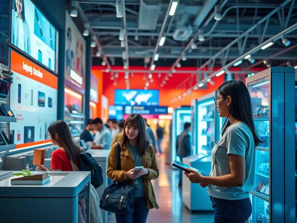 A visual representation of a retail environment undergoing digital transformation, showcasing improved customer engagement and increased online sales.