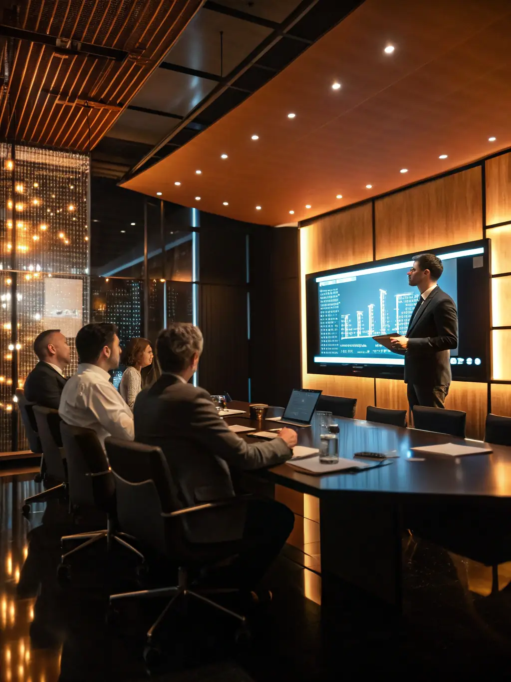 A consultant presenting a cybersecurity risk assessment report to a board of directors, highlighting potential vulnerabilities and recommending mitigation strategies in a professional boardroom setting.