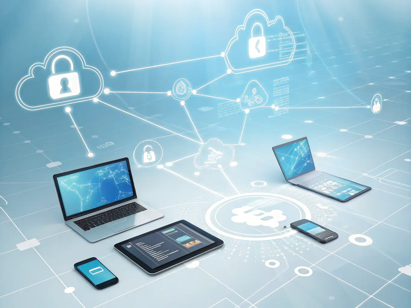An image depicting a secure cloud environment with data flowing seamlessly, symbolizing enhanced data security and operational flexibility.