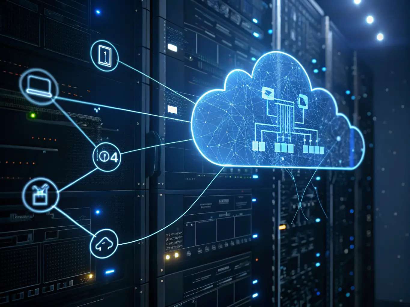 An image showing a cloud data center with interconnected servers and glowing network cables, representing secure and scalable cloud solutions for businesses.
